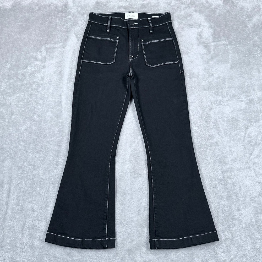 FRAME Le Bardot Crop Flare Jeans Womens 24 Black Denim White Stitching Noir